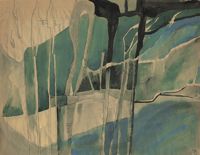 Untitled (blue-green surreal landscape) by Pamela Boden