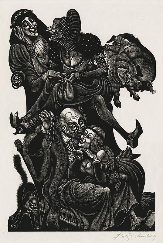 The Follies of Old Age (from: In Praise of Folly Portfolio of 10 woodcuts) by Fritz Eichenberg