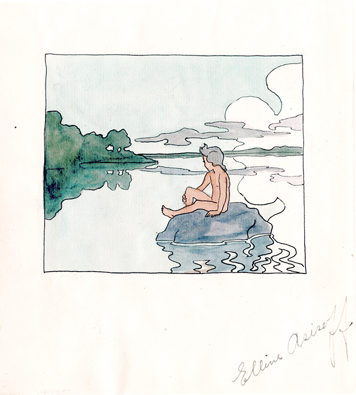 (White buck in the forest; image on verso with child beside lake) by Elline Eyermann Asisoff