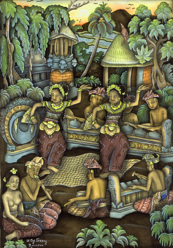 Balinese village scene with 2 dancers and 7 musicians; Batopan, Bali by Ida Bagus Terang