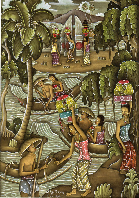 Balinese river with women carrying fruit, 3 outrigger boats & boatmen; Batopan, Bali by Balinese