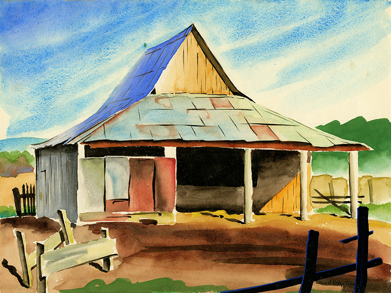 (barn with blue roof and sweeping clouds) by Thomas Arthur Robertson
