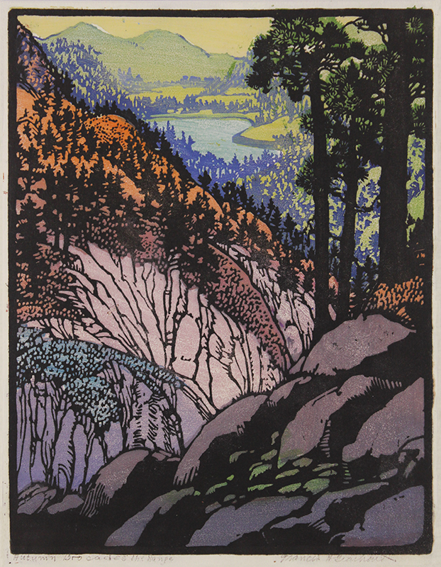 Autumn Brocades the Range (also called: Glimpse of Big Bear Lake & Autumn Brocade) by Frances Gearhart