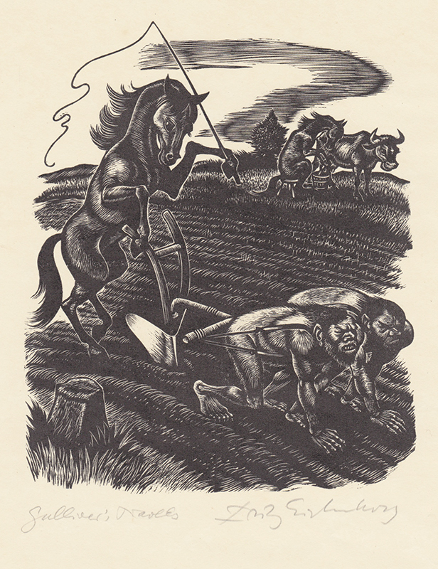 A Horse Plowing from Swift’s Gullivers Travels, part 4, chapter 9 by Fritz Eichenberg