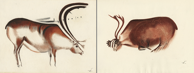 (Cave Paintings - Font-de-Gaume male and female reindeer) by John William Winkler