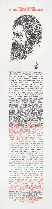 William Morris / On the Nature of Inspiration (broadside) by Leonard Baskin