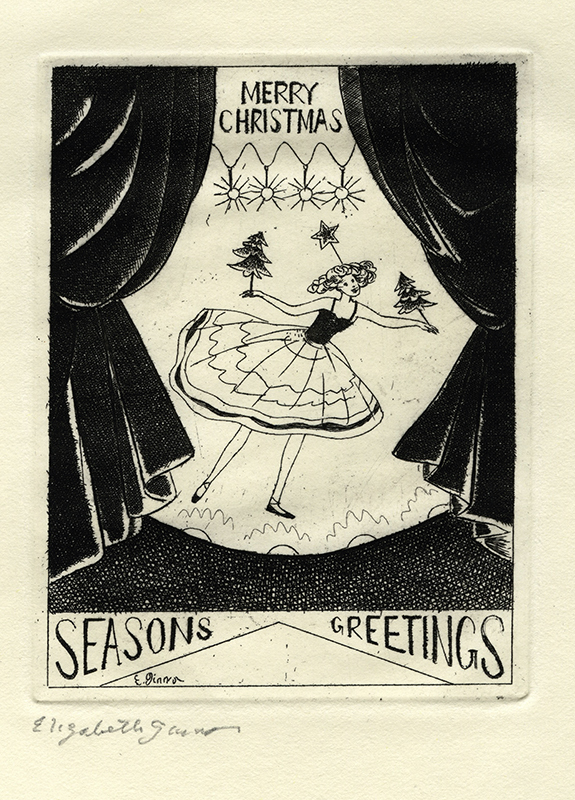 Seasons Greetings (dancer on stage wearing Christmas props) - design for card by Elizabeth de Gebele Ginno