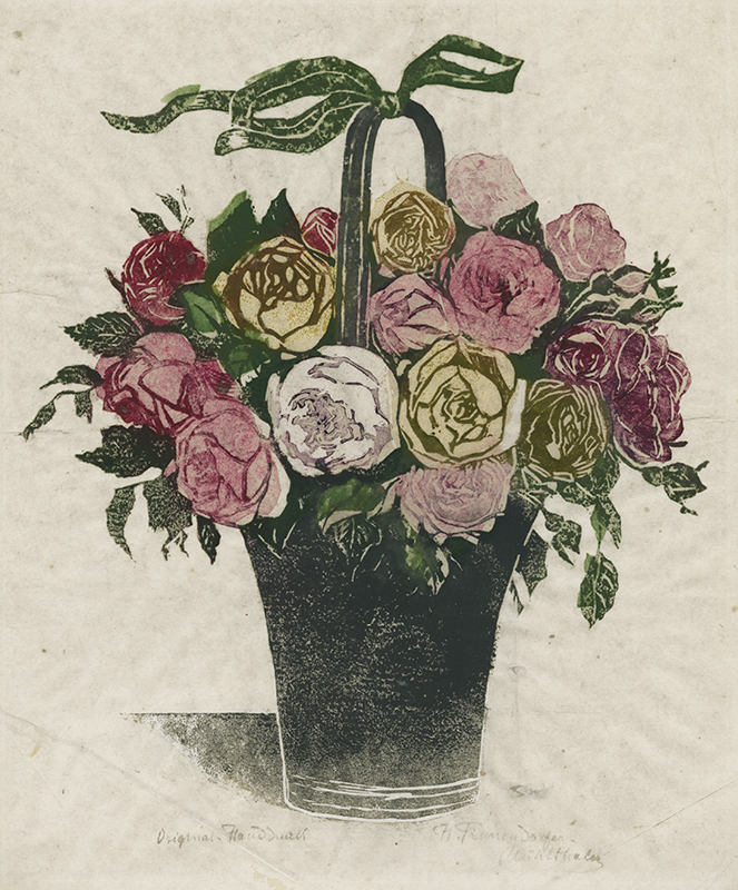 (Roses in Blue-Gray Basket) by Helene von Frauendorfer-Muhlthaler