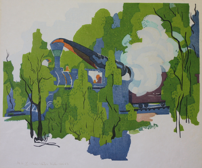 After Shiki: A train passes, how the smoke swirls round the young leaves (from the Haiga portfolio) by Stanton Macdonald-Wright