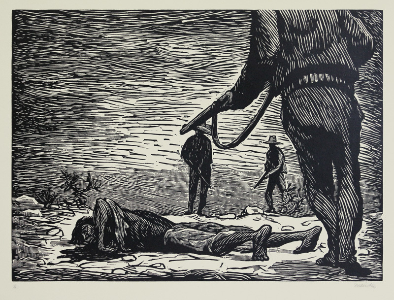 Tambien la Tierra Bebe Tu Sangre (The Earth, too, Drinks Thy Blood); plate 4 from Rio Escondido, a   portfolio of ten linoleum engravings by Leopoldo Mendez