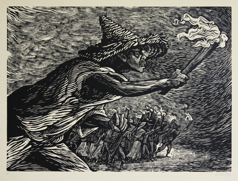 Las Antorchas (Torches); plate 9 from Rio Escondido, a   portfolio of ten linoleum engravings by Leopoldo Mendez