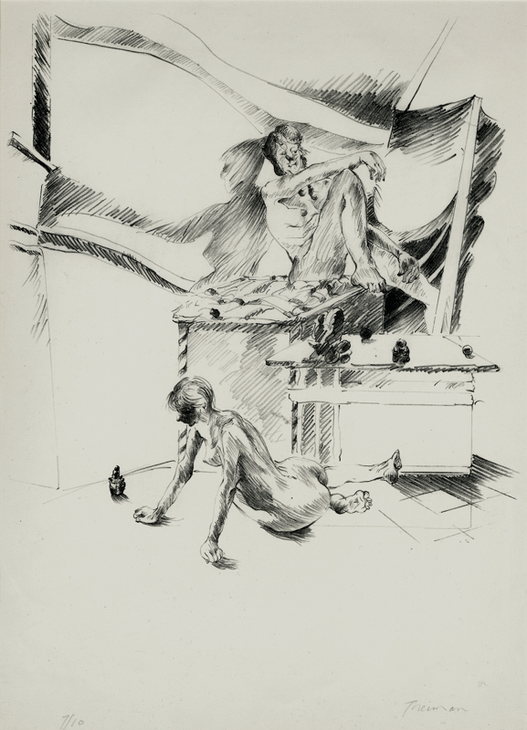 Untitled  (nude on floor-nude seated on table) by Joyce Wahl Treiman