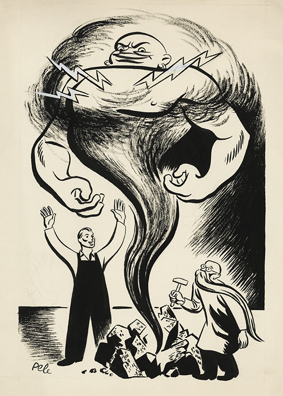 (Editorial comic for a publication: genie emerging from a broken stone) by Pele de Lappe