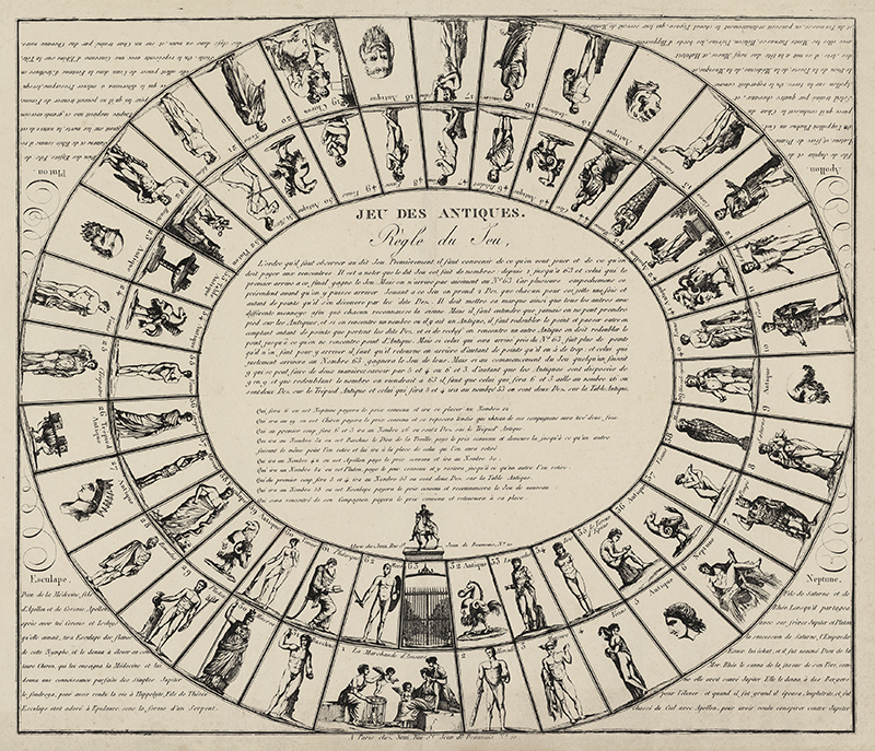 Jeu des Antiques (Antiques Game; game-of-the-goose board game) by Chez Jean, Paris