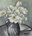 (Still life: white roses in blue vase) by Cora Boone