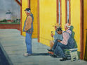 Waiting (Four men waiting at station) by John Norall