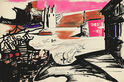 (Surrealist cityscape with cats) by Pamela Boden