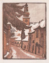 (European City with bell/clock tower in winter) by Martha Walter