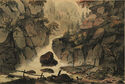 (Rabbit hunter at rest beside waterfall with dog) by Unidentified