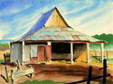 (barn with blue roof and sweeping clouds) by Thomas Arthur Robertson