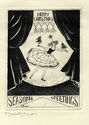 (woman on stage balancing two small Christmas trees) design for holiday greeting card by Elizabeth de Gebele Ginno
