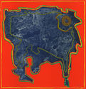 Bete (Abstract animal in navy blue against red) by Jacques Soisson